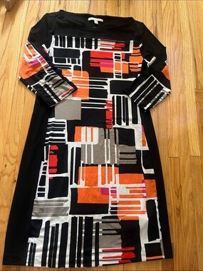 Black Geometric Long-Sleeve Sheath Dress with Orange Accents